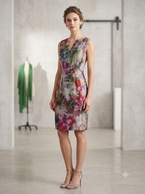 Kay Unger Multicolor Watercolor Floral Sheath Dress